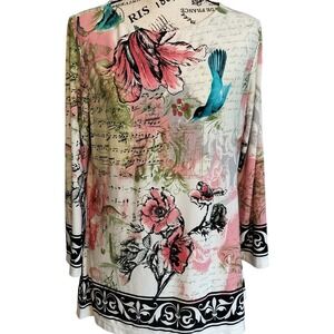 Investments Womens Large Floral Bird Sheet Music Print 3/4 Sleeve Round Neck Top